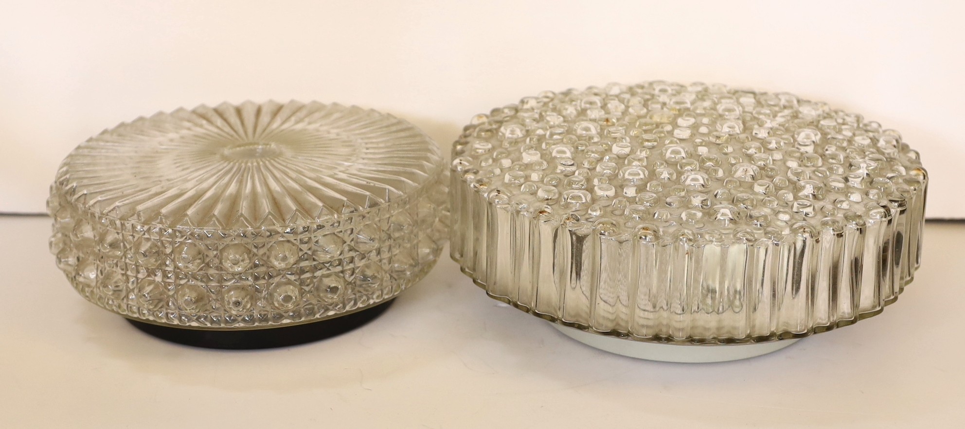 Three 1950s – 60s French moulded glass light fittings, diameter's 28cm, 23cm, 17cm